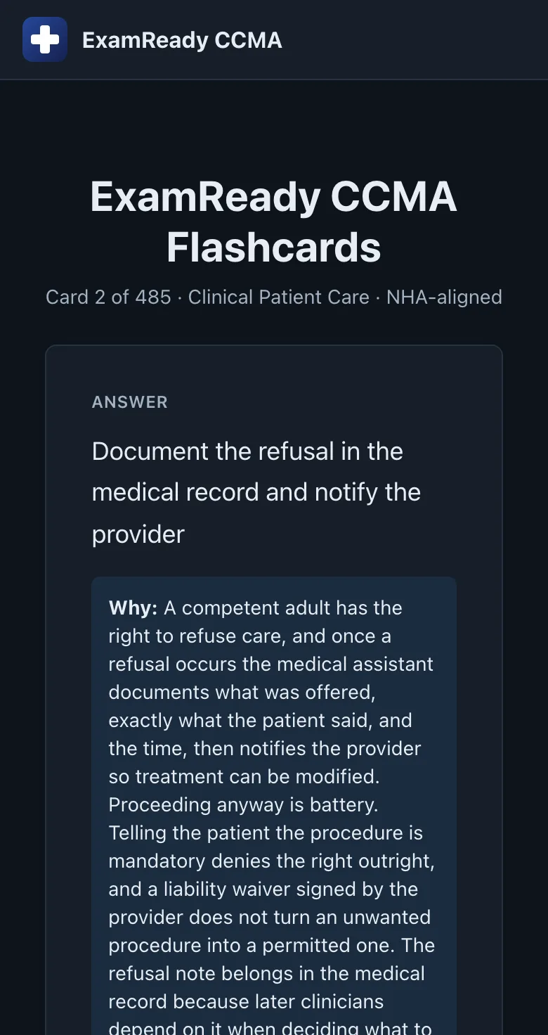 CCMA flashcard on a phone showing the answer and the reason it is correct