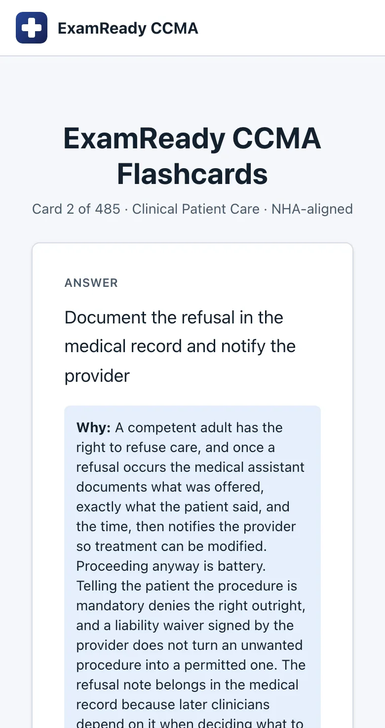 CCMA flashcard on a phone showing the answer and the reason it is correct