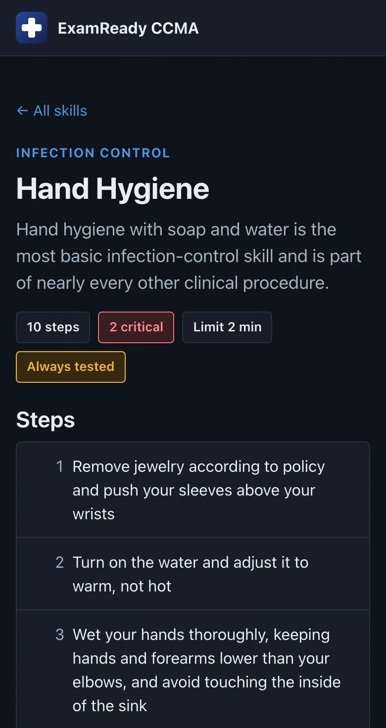 CCMA skill page for Hand Hygiene on a phone with numbered steps and critical steps flagged